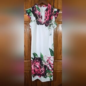 New York & Company Stretchy Floral Sheath Ruffled Back Slit Detail Midi Sz S